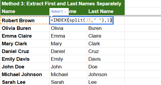index and split to extract first name