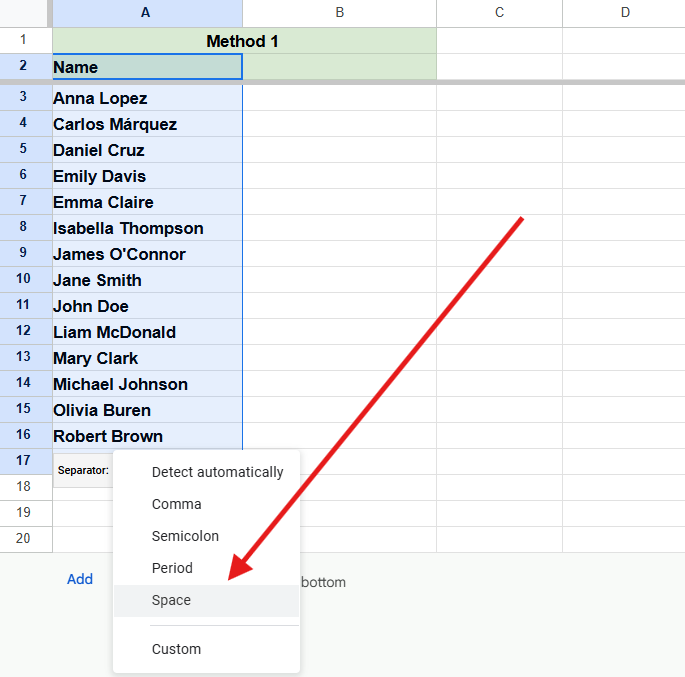 selecting space after splitting text to columns