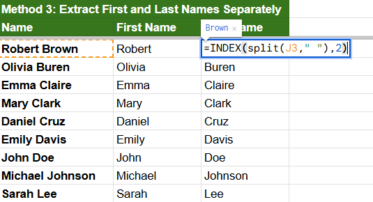 index and split to extract last name