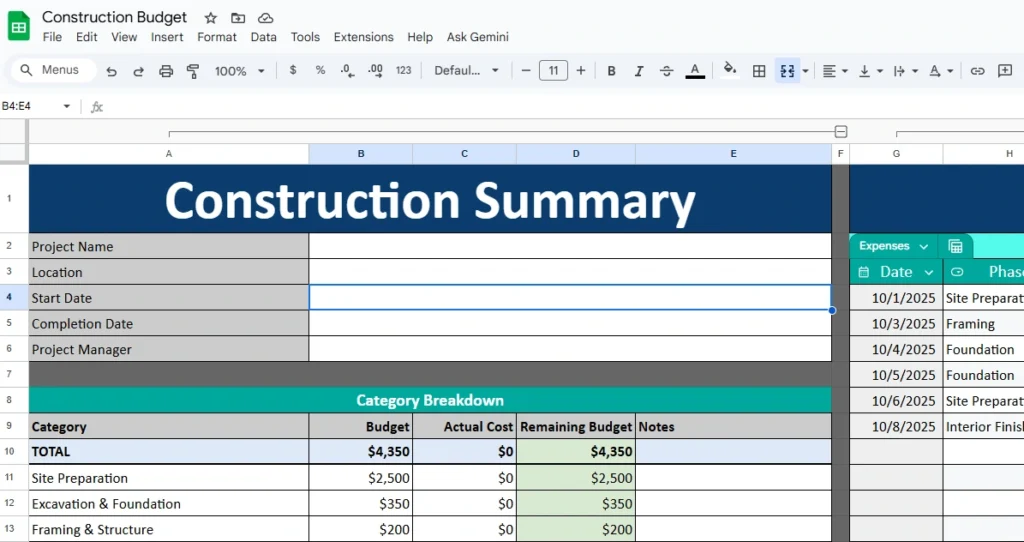 construction budget spreadsheet made with google sheets