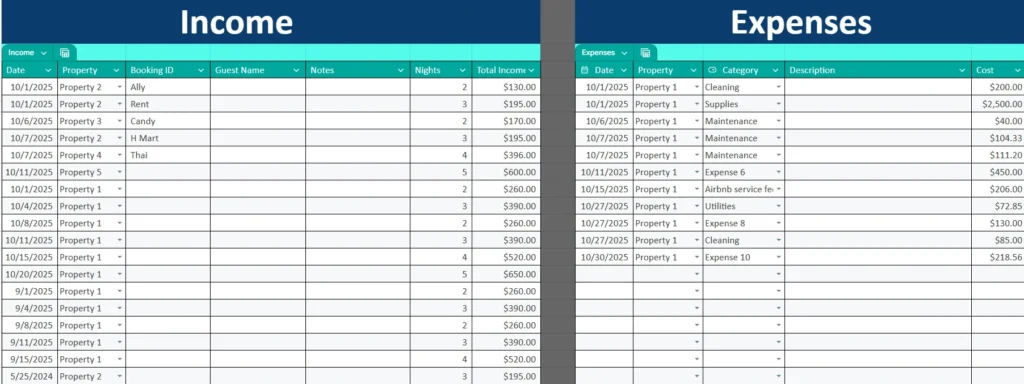 airbnb expense spreadsheet sheet for entering income and expenses