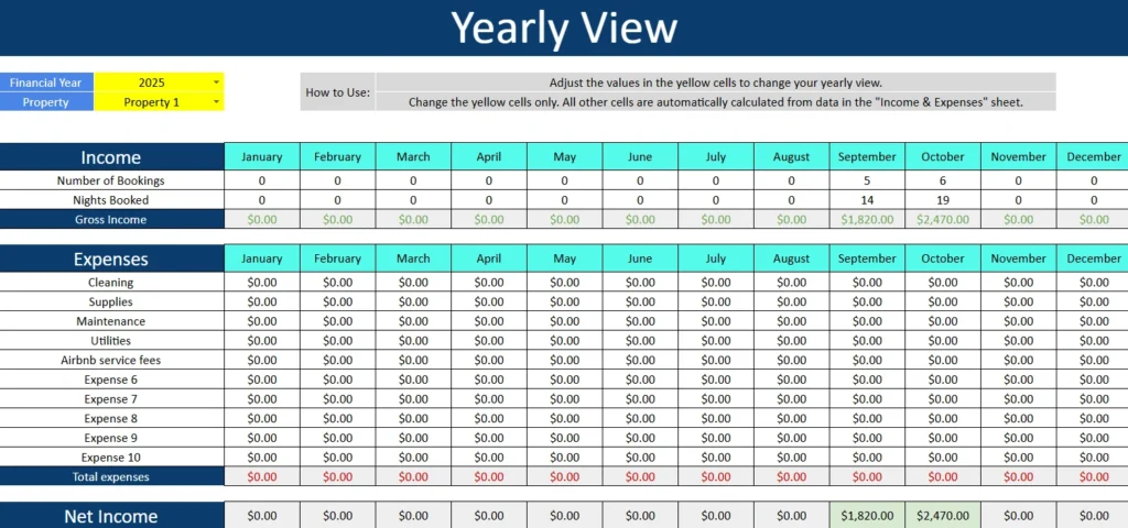 airbnb expense spreadsheet yearly view sheet