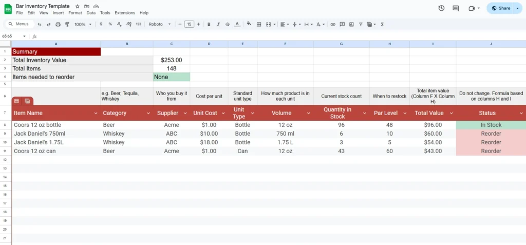 bar inventory google sheet