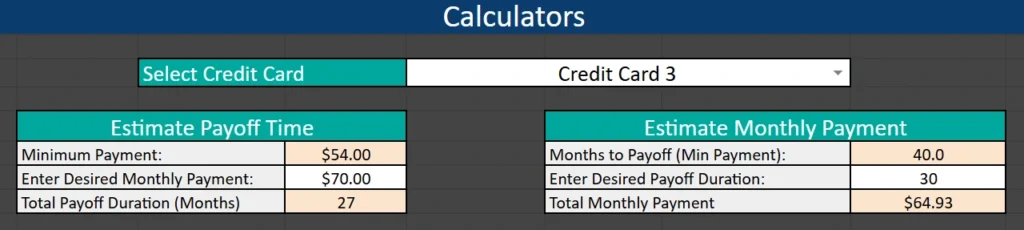 calculator section of the spreadsheet