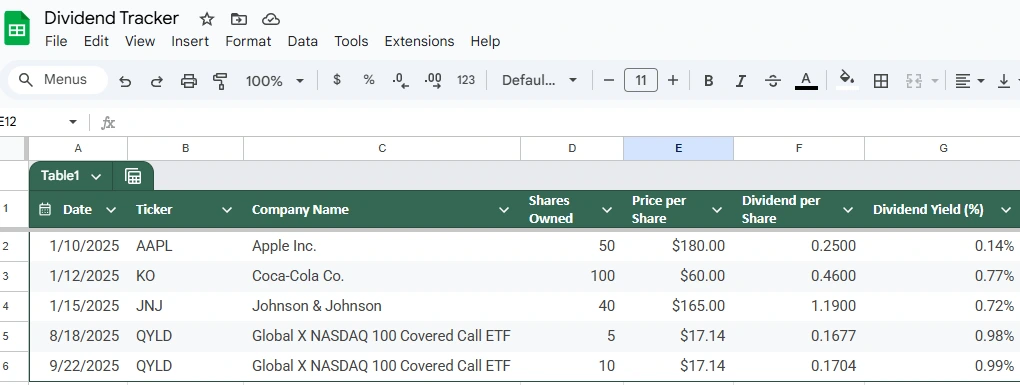 dividend tracker made in google sheets