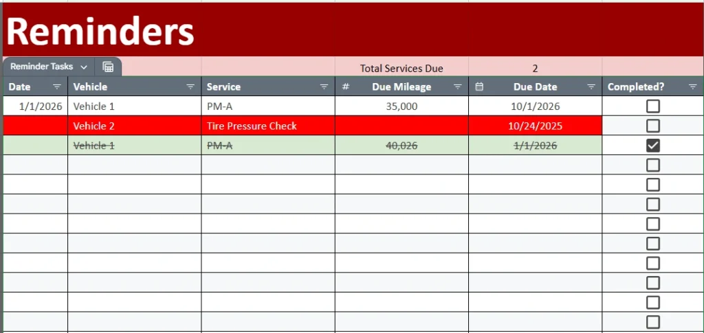 service reminders sheet