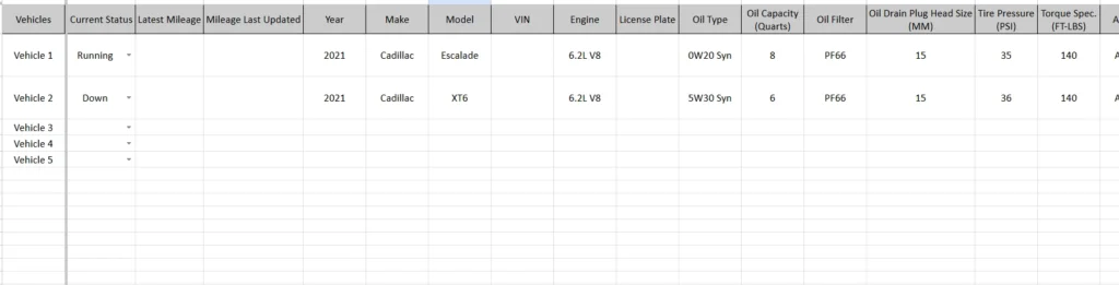 vehicle list with vehicle repair information