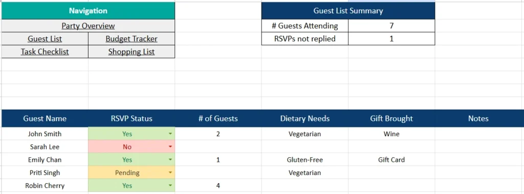 guest list sheet of party planning spreadsheet