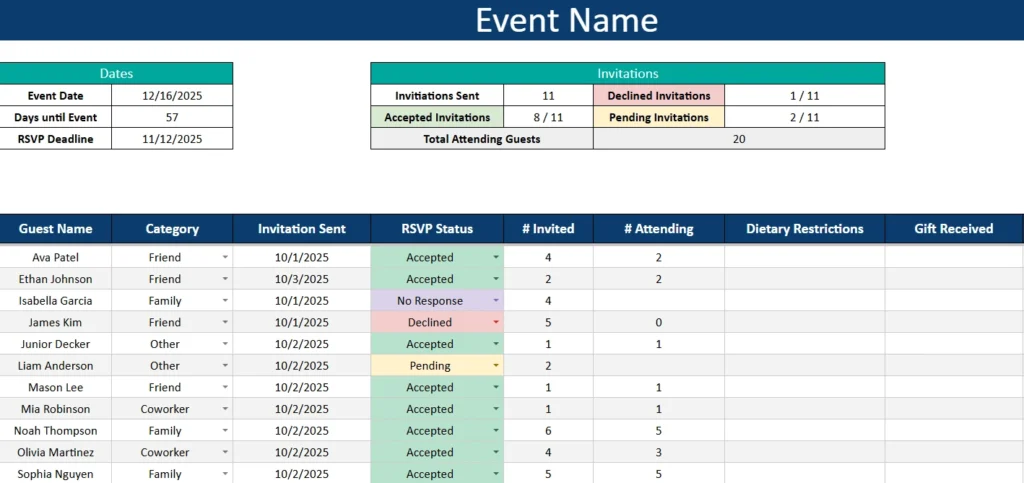 event guest list template made with google sheets