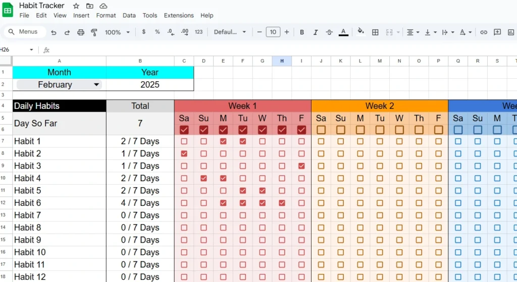 habit tracker in google sheets