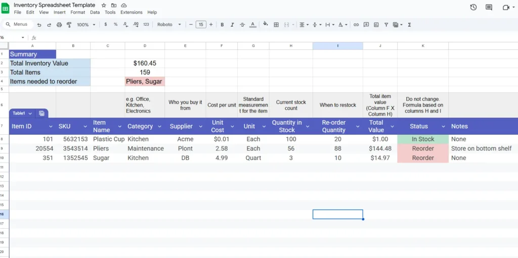 inventory spreadsheet
