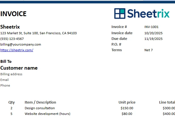 invoice template made with google sheets