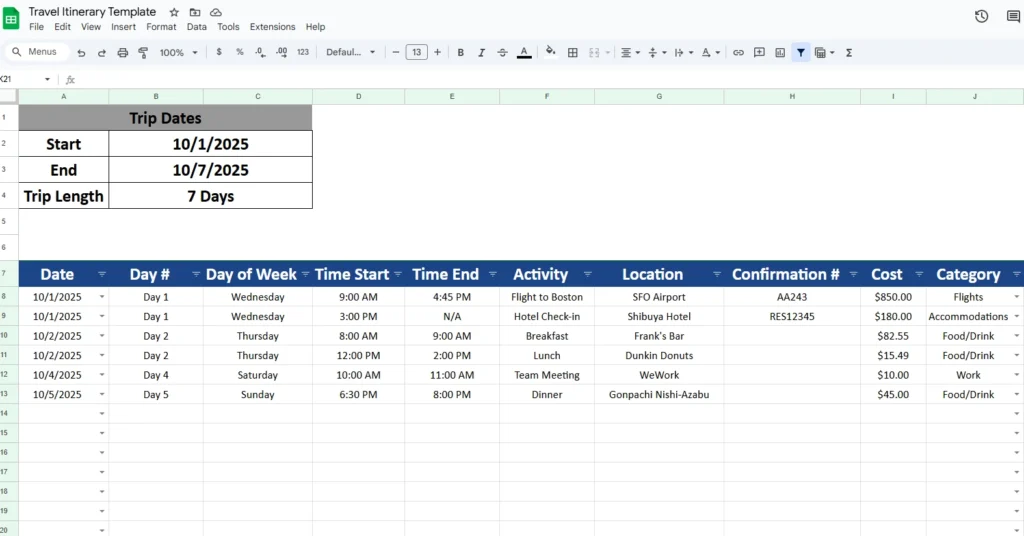 travel itinerary template made with google sheets