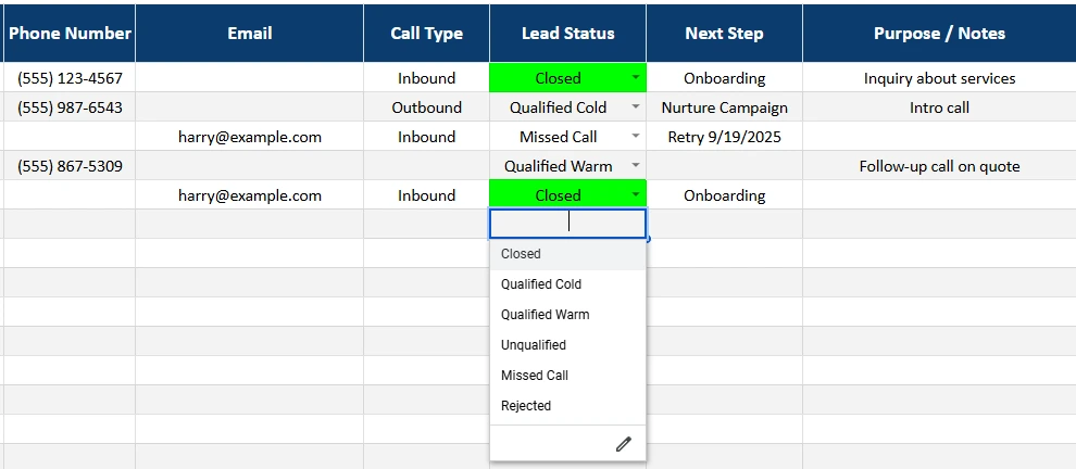 dropdown opened for selecting lead status