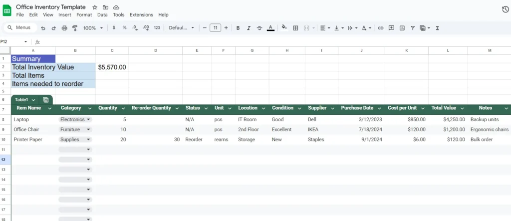 office inventory google sheet