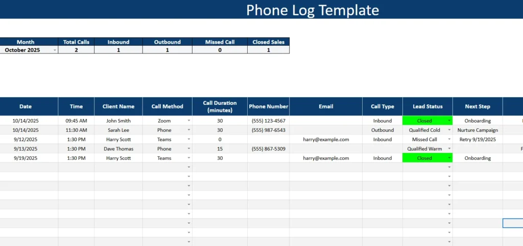 phone log template made with google sheets