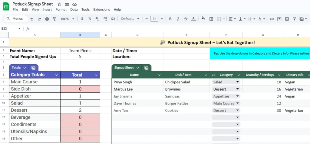 potluck signup sheet made with google sheets