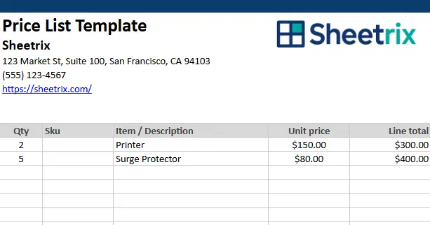 price list spreadsheet template create with google sheets