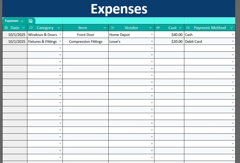 expenses table of renovation budget spreadsheet