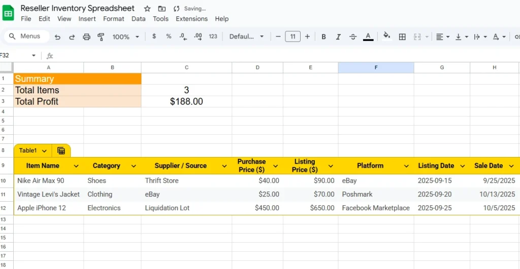 reseller inventory google sheet