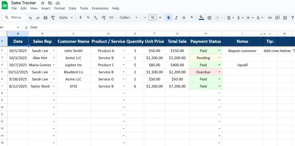 sales tracker spreadsheet made with google sheets