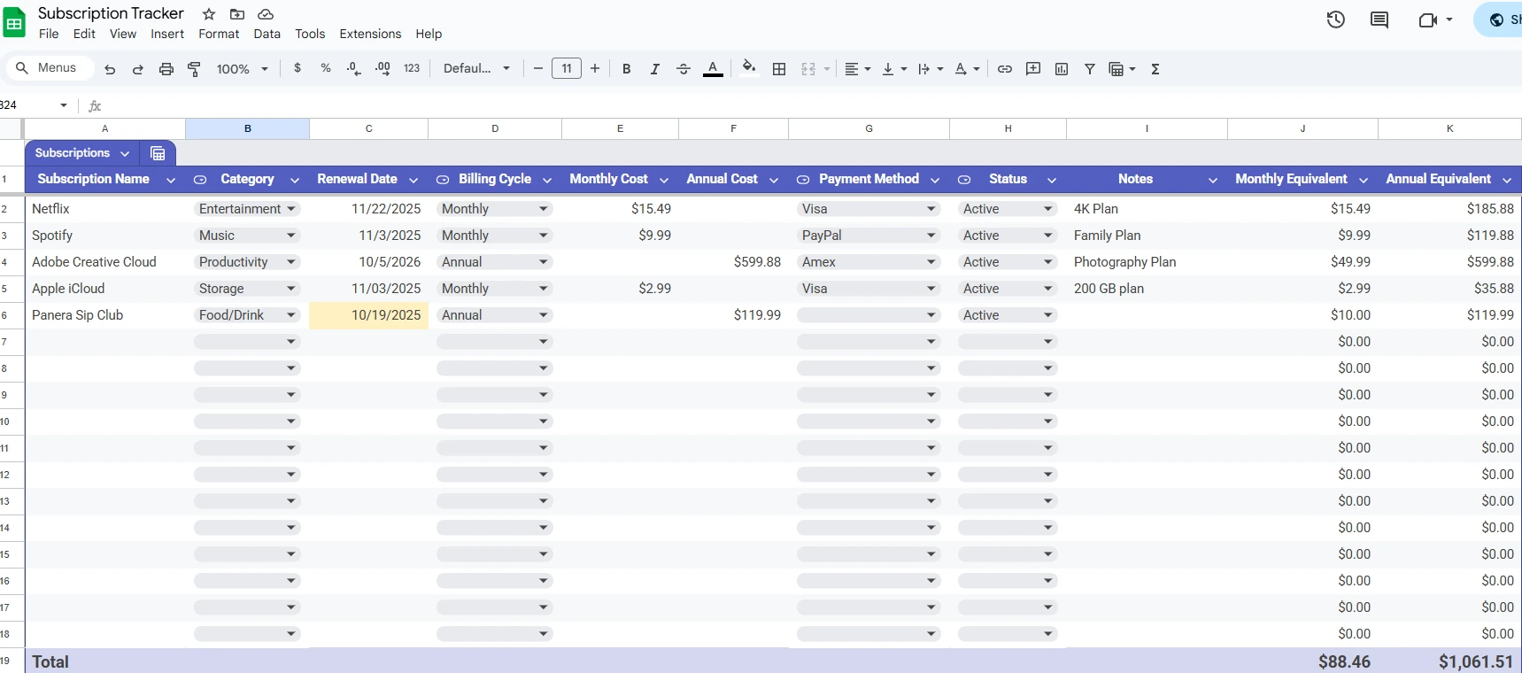 Free Subscription Tracker Spreadsheet