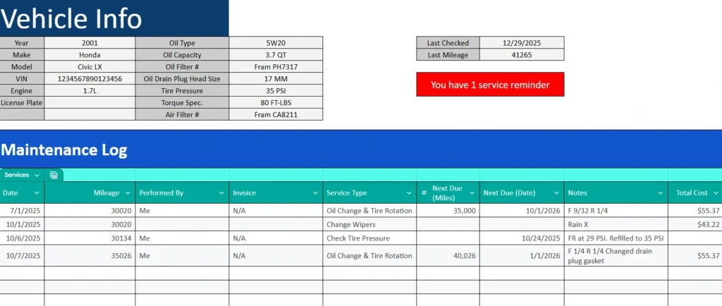 vehicle maintenance sheet with 1 service due