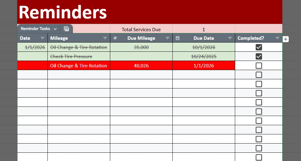 vehicle maintenance reminder sheet