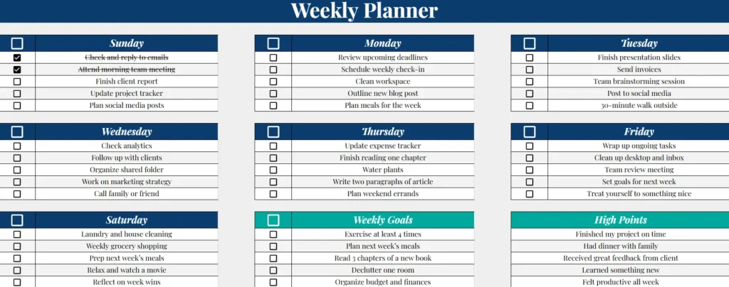 weekly planner spreadsheet made with google sheets