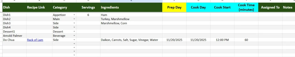 christmas menu planner dish list