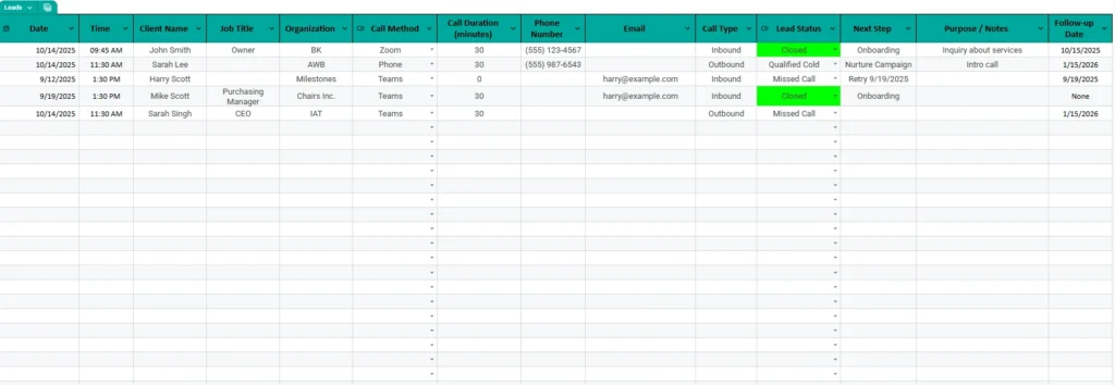 crm template lead entry table