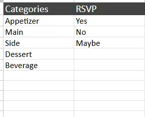 dinner menu planner dropdown list