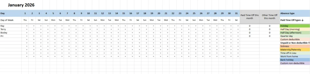 employee time off tracker monthly input