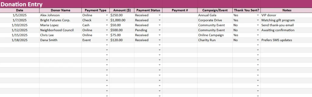 fundraising tracker donation entries