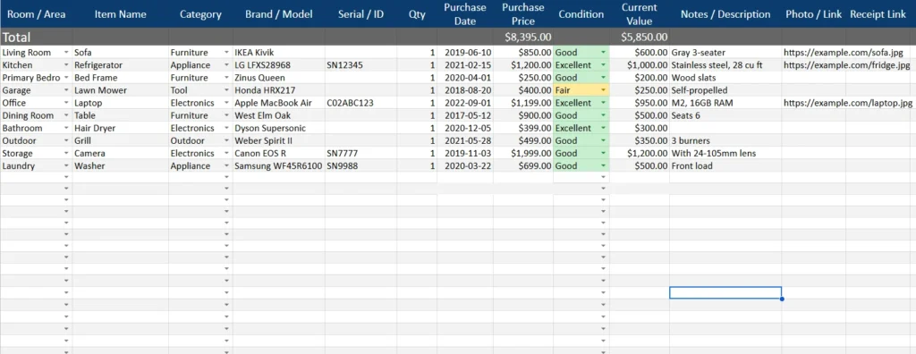 house inventory template made with google sheets