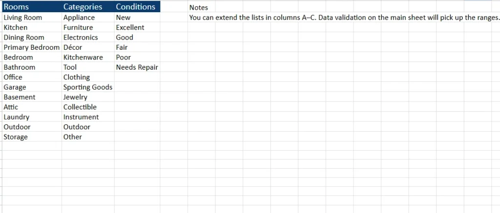 dropdowns list in the house inventory template