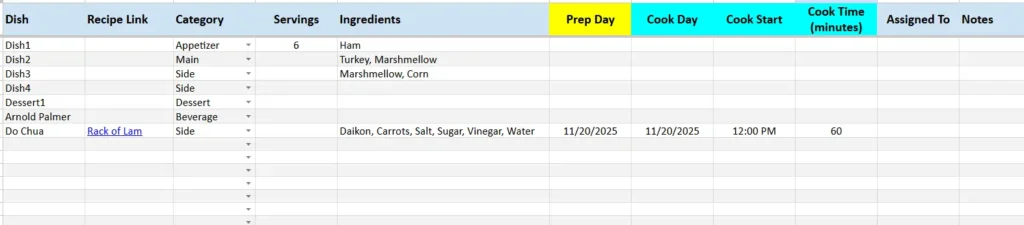 new year menu dish list