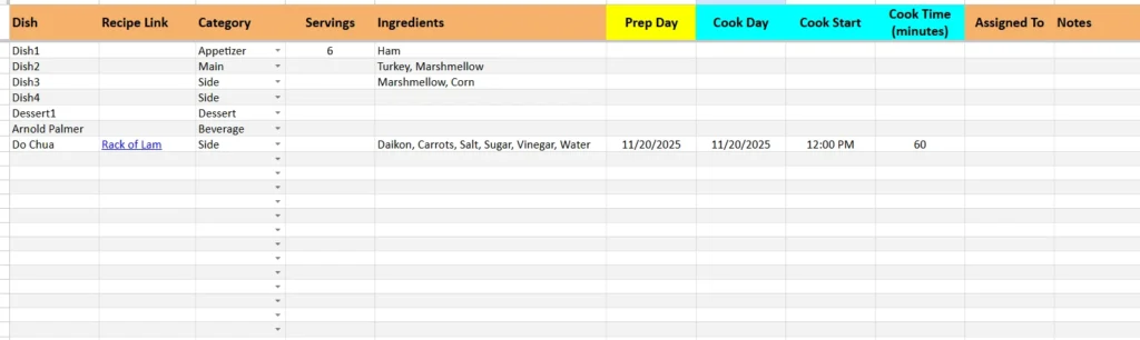 thanksgiving menu planner dish list