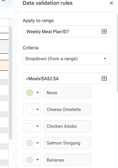 weekly meal plan spreadsheet dropdown color customization