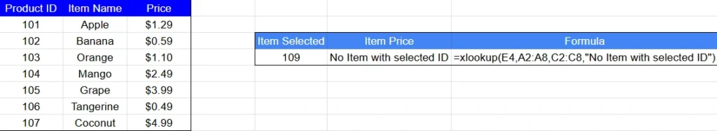 xlookup example with substitute text for missing values