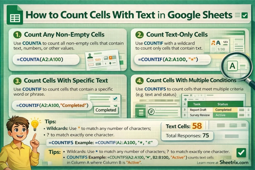 infographic showing how to count cells containing text in google sheets