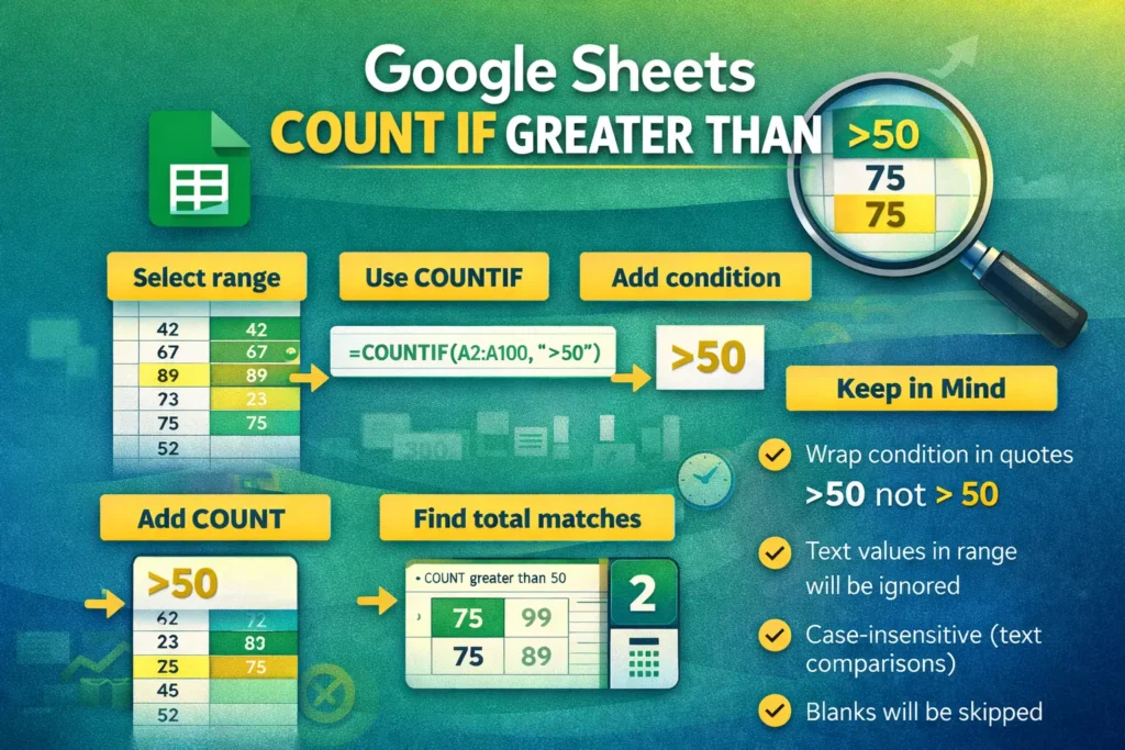 infographic showing how to count a value if it's greater than a specific number in google sheets