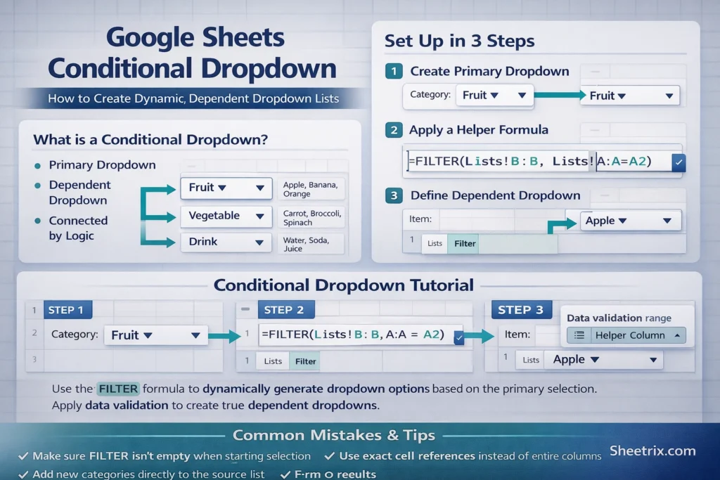 infographic showing to to create a conditional dropdown in google sheets