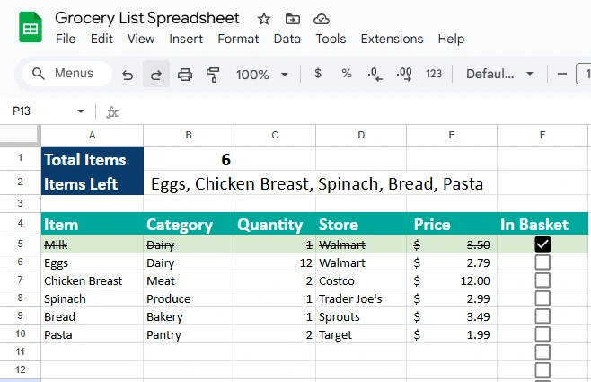 grocery list spreadsheet