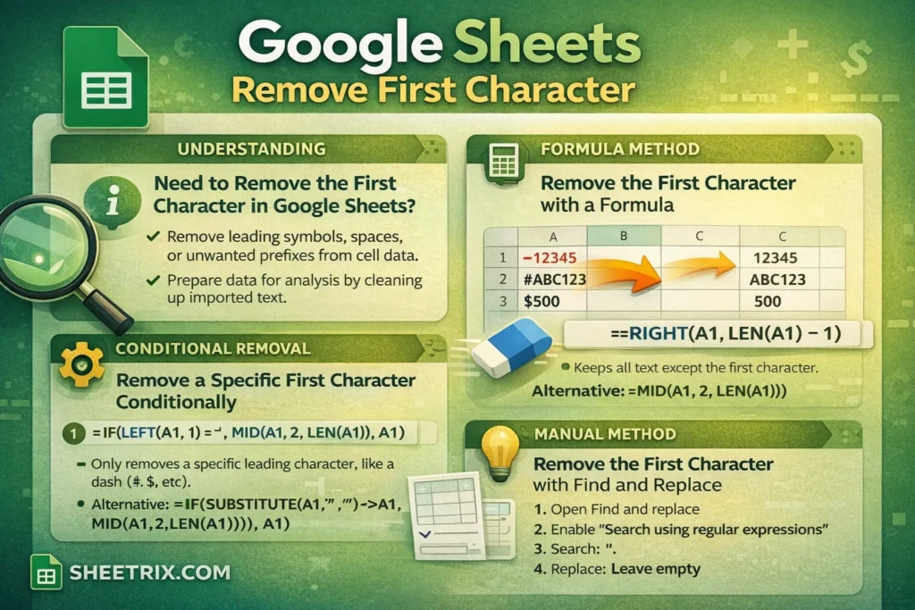 infographic showing how to remove the first character in google sheets