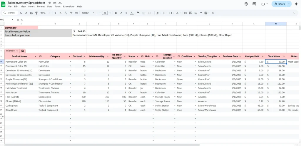salon inventory spreadsheet