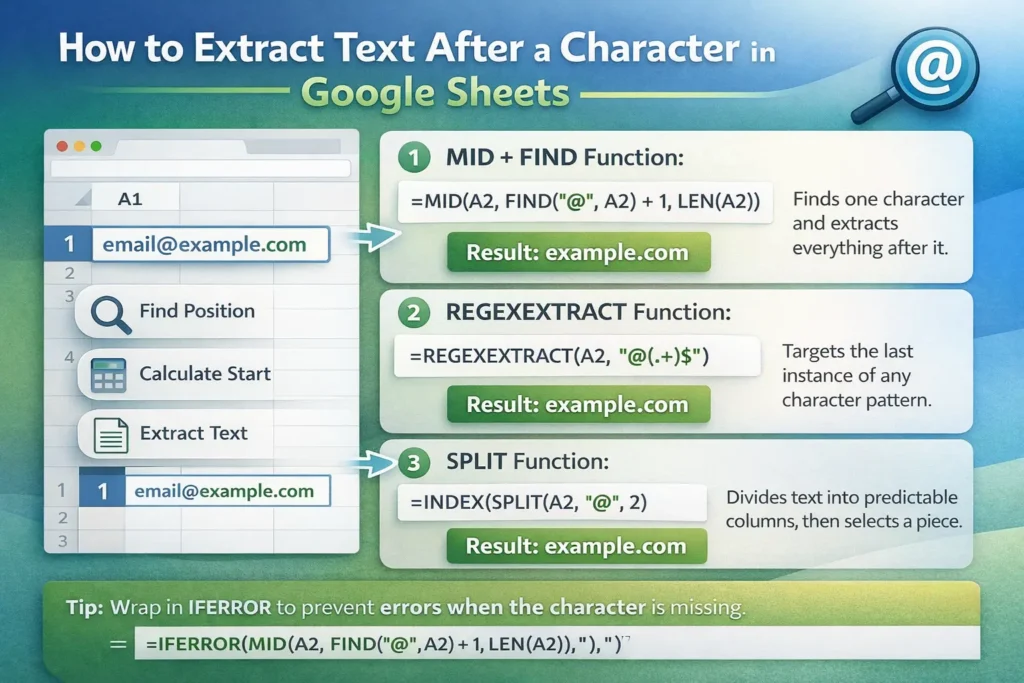 infographic showing how to extract text after a specific character in google sheets