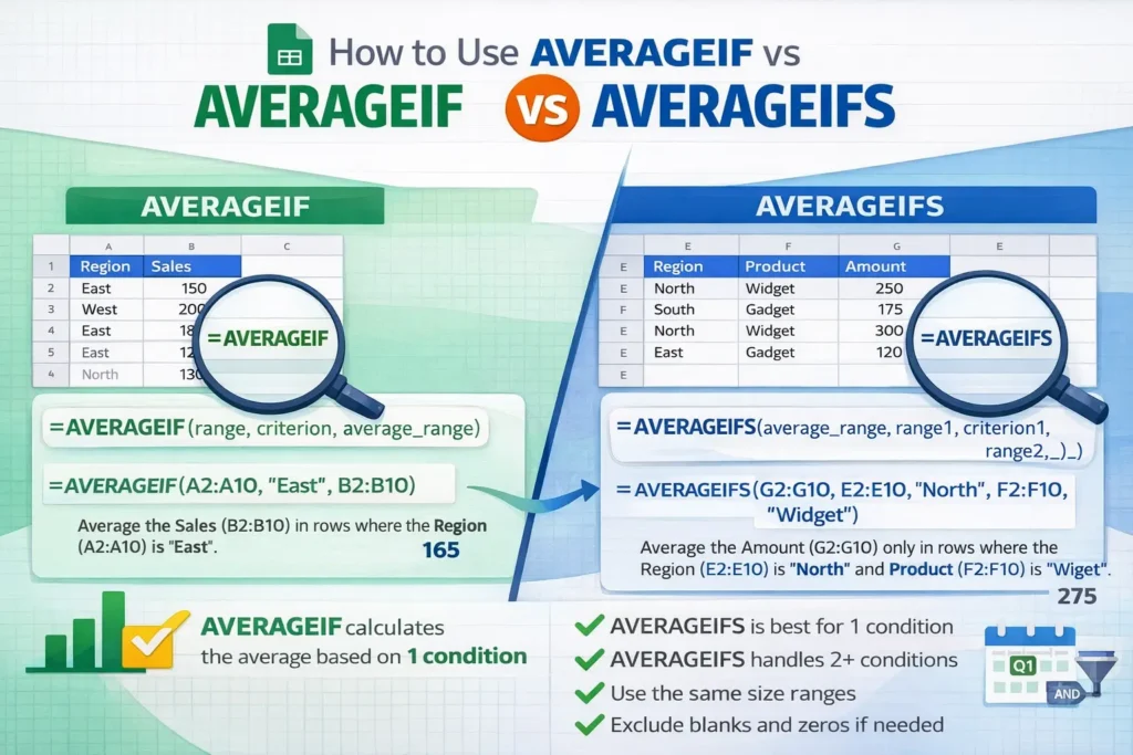 infographic showing the difference between averageif vs averageifs in google sheets