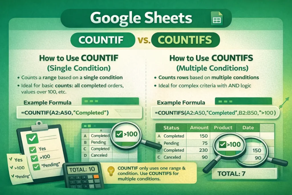 infographic showing the differences between countif vs countifs in google sheets