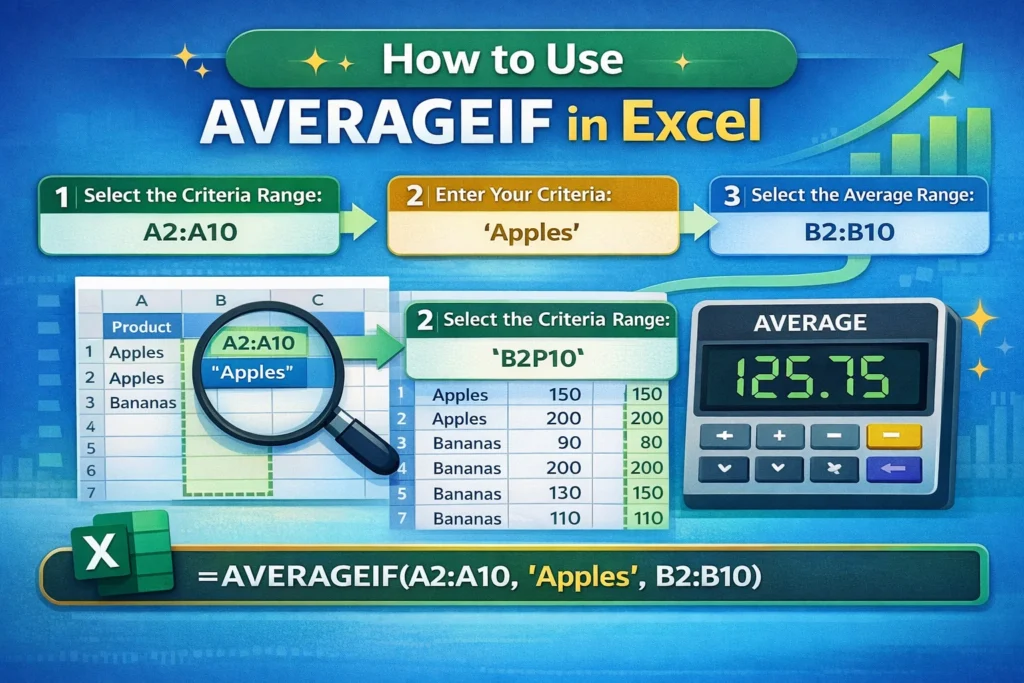infographic showing how to use averageif function in excel